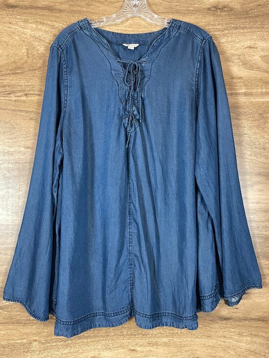 Cato Tops - CATO Tencel Denim Tunic Top 26/28W Plus Size Lace Up V-Neck Blue Long Sleeve